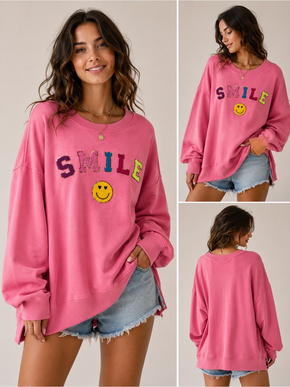 Tallulah Kate Pink Oversized Cotton Blend Smile Sweatshirt NWT Medium